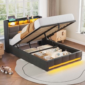 Greenstell Upholstered Lift Storage Bed with LED Lights & Charging Station, Modern Platform Bed, Heavy Duty Wooden Slats - 1 of 4