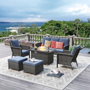 Brafab 6-Piece Patio Furniture Set with Fire Pit Table 44", Outdoor Patio Conversation Sets W/Loveseats for Yard, Garden, Porch, Blue - 1 of 4