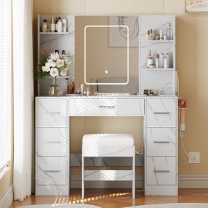 Marble-White Vanity Desk with Mirror, LED Lights & Power Outlet, Makeup Table with Chair, 3-Color Light, Hair Dryer Rack, 7 Drawers - 1 of 4