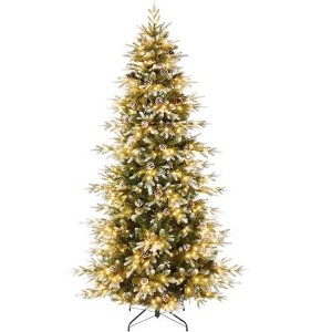 Flocked Christmas Tree - 240 Warm White Lights & Pine Cones, Auto Hinged Expansion for Home/Church - 1 of 1