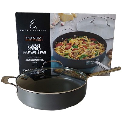 Emeril Lagasse Essential 5 Quart Hard Anodized Stainless Steel Oven Safe Nonstick Deep Saute Sauce Pan with Clear Lid, Gray