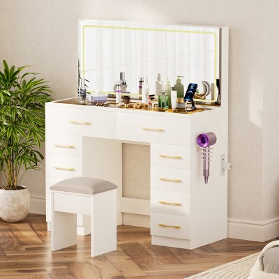 Vanity Desk Modern with 10 Drawers and LED Mirror for Bedroom 46.2in-3irtyhousy