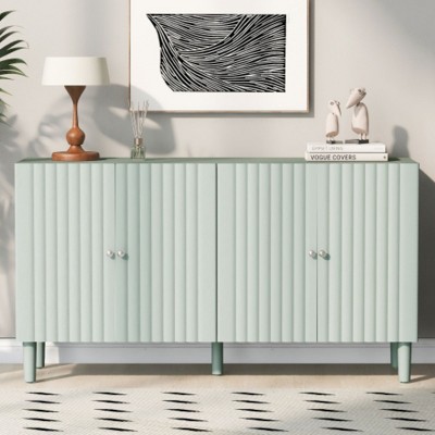 Modern four door side panel with wavy doors, round legs, and metal handles - multifunctional cabinet