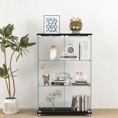 INFURNIC Decorative Bookshelf Modern Glass Display Cabinet with 2 Doors and 3 Shelves for Living Room, Black, 32.09"*14.37"*47.9"