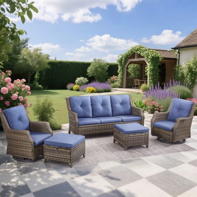 Bestier Patio Furniture Set with Swivel Chairs, Wicker Rattan Sofa Chairs with Cushion and 2 Ottoman, Outdoor Conversation Set for Backyard, Blue