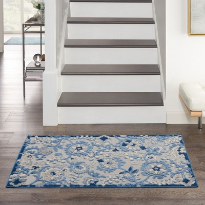 Blue and Grey Floral Synthetic Flat Woven Rug, 3' x 5'