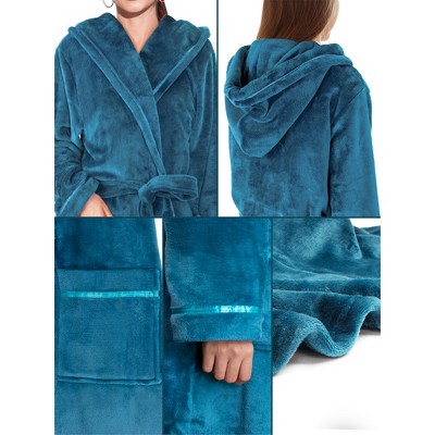 Sea Blue Fleece Hooded Bathrobe with Satin Trim, L/XL