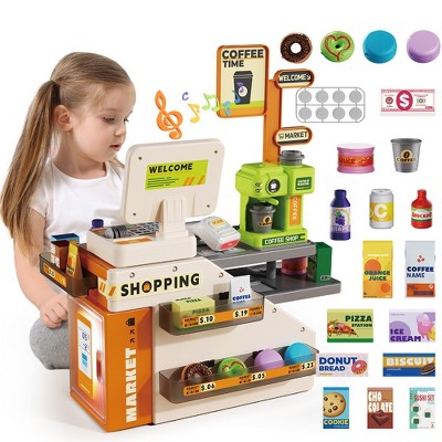 Skirfy Pretend Play Store with Scanner and Calculator, Coffee Machine, Credit Card, Paly Money, Play Food for Toddlers