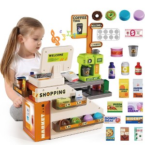Skirfy Pretend Play Store with Scanner and Calculator, Coffee Machine, Credit Card, Paly Money, Play Food for Toddlers - 1 of 4