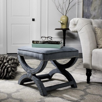 Mystic Blue Velvet Box Ottoman with Nailhead Detailing
