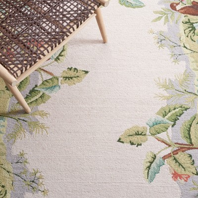 Handmade Beige and Green Wool Floral Rectangular Area Rug