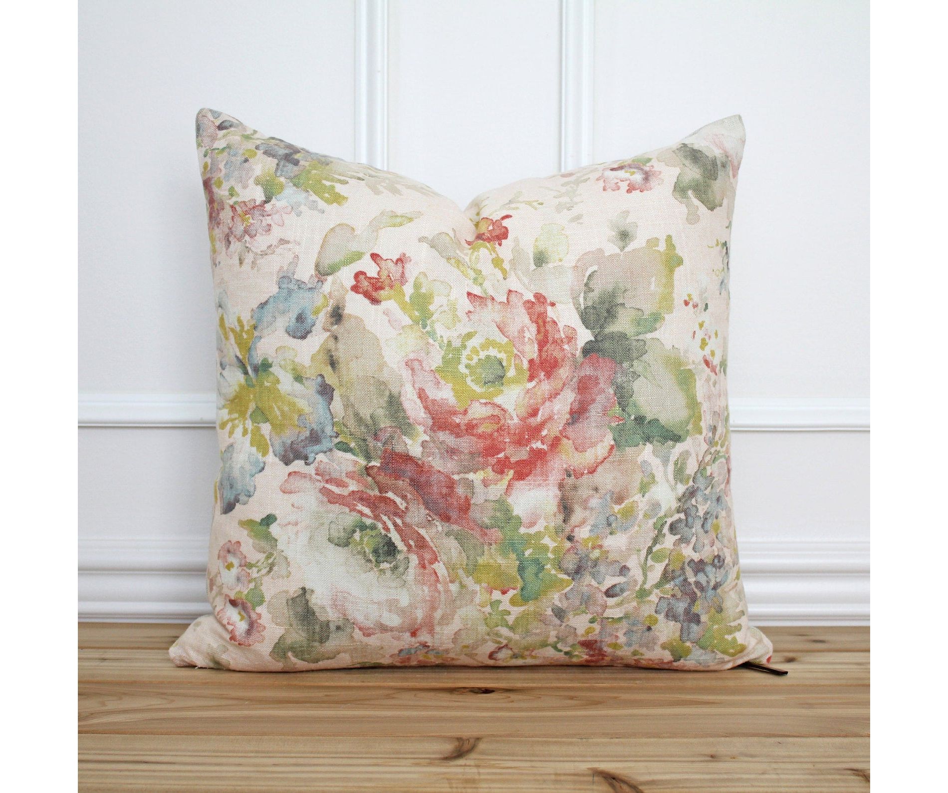 Pink Floral Pillow Cover • 18x18 Throw Pillow • Linen Pillow Cover