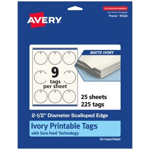 Avery Printable Round Scalloped Tags with Sure Feed Technology, 2-1/2" Diameter, Matte Ivory Cardstock, Print-to-the-Edge, Laser/Inkjet, 225 Total - 1 of 4