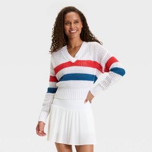 Women's Striped V-Neck Sweater - JoyLab™ White - 1 of 3