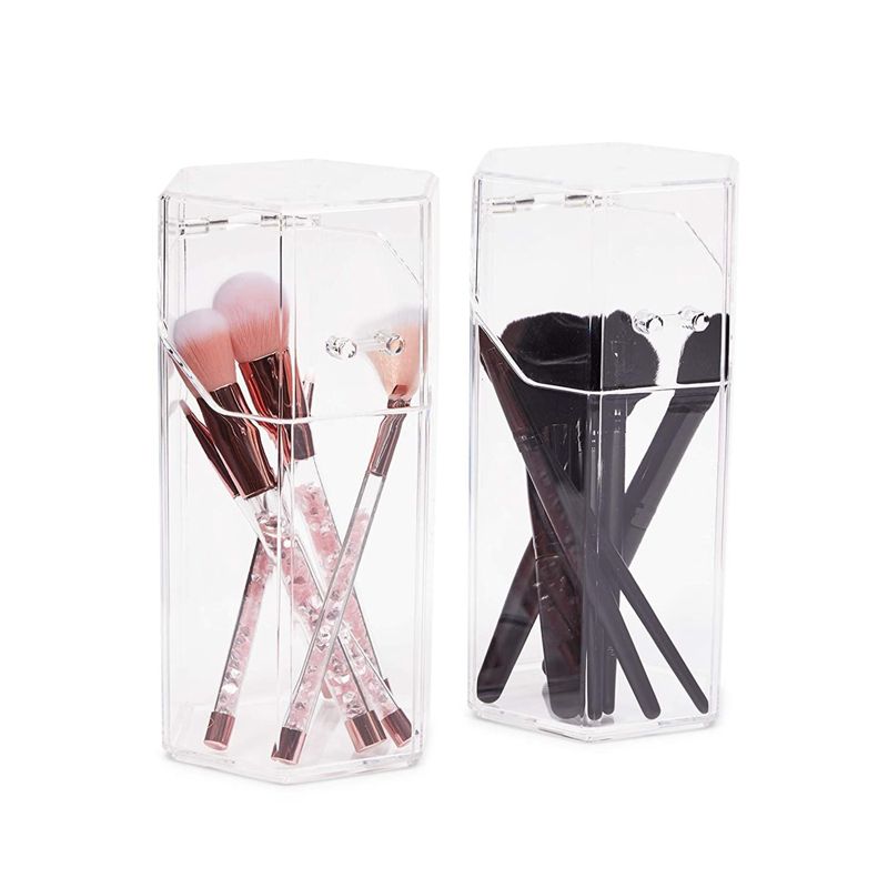 Glamlily 2 Pack Clear Acrylic Makeup Brush Holder with Lid, Cosmetic Organizer (4.3 x 3.9 x 8 in), 1 of 10