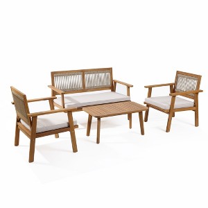 LuxenHome Outdoor Acacia Wood Rope Back 4-Piece Patio Seating with Cushions and Coffee Table Set - 1 of 4