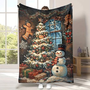 1pc Christmas Tree Blanket - Snowman Gingerbread Man Ultra-Soft, Plush Flannel Blanket For Home Couch Bed Sofa Soft. - 1 of 4