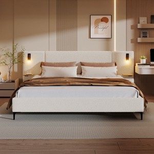 Sapphtopaz Bed Frame Chic Boucle Upholstered Platform Bed with Headboard, Integrated Lights and Shelves, No Box Spring Needed - 1 of 4