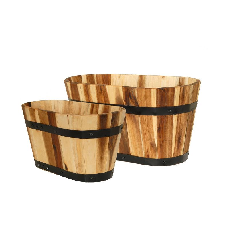 Set of 2 Acacia Oval Barrel Planters - Durable, Natural Wood Garden Pots with Metal Bands, 1 of 6