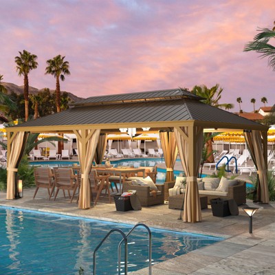 Erommy 14' x 22' Wooden Finish Aluminum Hardtop Gazebo with Curtains and Nettings