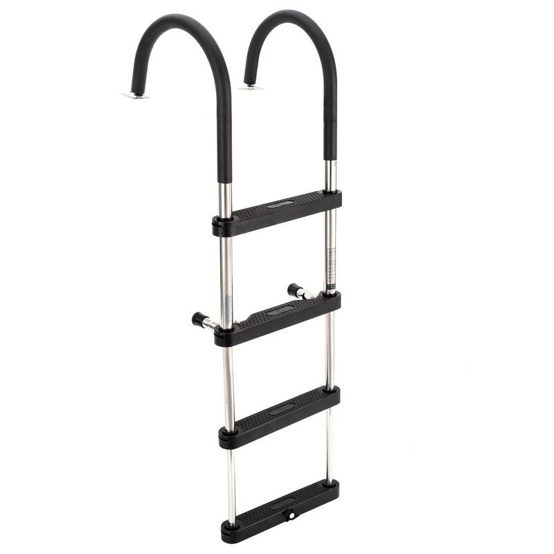 RecPro Compact Stainless Steel Tubing Heavy Duty 4 Step Pontoon Boat Boarding Ladder, Easily Opened and Closed, Includes Slots and Studs, Black, 1 of 7