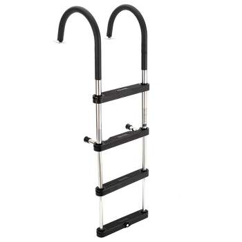 RecPro Compact Stainless Steel Tubing Heavy Duty 4 Step Pontoon Boat Boarding Ladder, Easily Opened and Closed, Includes Slots and Studs, Black