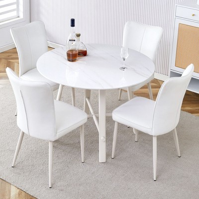 NicBex Dining Table Set for 4 Kitchen Table Modern Simple Round Dining Table Set for 4 MDF Tabletop with 4 White PU Chairs