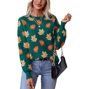 Women's Leaf Pattern Vaction Sweater Crewneck Long Sleeve Casual Loose Fall Knit Student Pullover Tops - 1 of 4