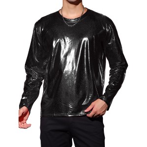 INSPIRE CHIC Men's Round Neck Long Sleeves Shining Disco Metallic T-Shirt - 1 of 4