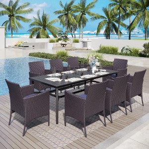 Captiva Designs 9pc Spacious Slat-top Rectangle Metal Table with Umbrella Hole & Armrest Rattan Chairs - 1 of 4