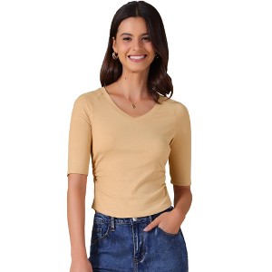 INSPIRE CHIC Women's V Neck Short Sleeve Stretchy Ruched Basic Casual Cropped Tops - 1 of 4