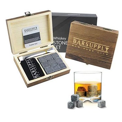 Bar Supply Whiskey Stones Gift Set, 12-Piece Set: 9 Granite Chilling Whiskey Rocks, Stainless Steel Tongs, Velvet Pouch, Wooden Gift Box Set, Reusable Ice Cubes for Whiskey, Scotch, Wine