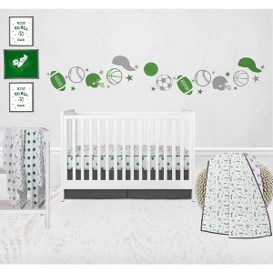 Bacati - Boys Soccer Muslin Green Gray 10 pc Crib Bedding Set with 4 Swaddling Blankets - 1 of 4