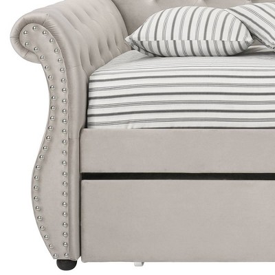 Beige Twin Upholstered Sleigh Daybed with Trundle and Nailhead Trim