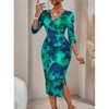 Mocamel Women's Fashionable Wave Prints Crisscross Wrap Dress - Three - Quarter Sleeves,  Ruched Bodycon Midi Dress with Random Print, - 2 of 4