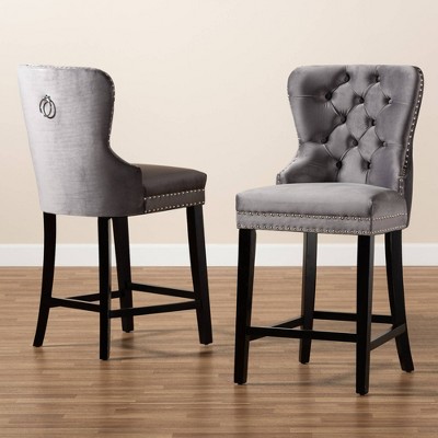 Gray Velvet and Dark Brown Wood Quilted Counter Stools, Set of 2