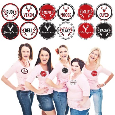 Big Dot of Happiness Prancing Plaid - Christmas and Holiday Buffalo Plaid Party Funny Name Tags - Reindeer Party Badges Sticker Set of 12