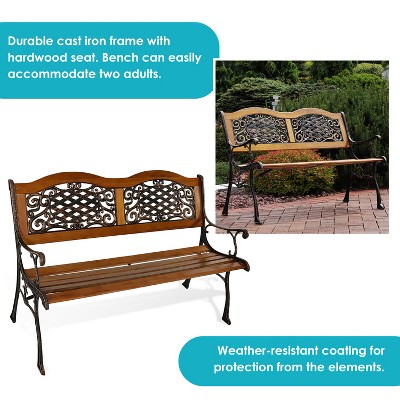 Sunnydaze 49" Black Cast Iron and Wood Outdoor Bench