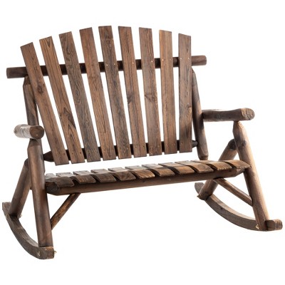 Outsunny Outdoor Adirondack Rocking Chair with Log Slatted Design, 2-Seat Patio Wooden Rocker Loveseat with High Back for Lawn Backyard Garden