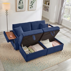 Convertible Sectional Sofas Corduroy Loveseat Sofa with Double Storage Ottomans, Adjustable Armrest Table with USB Port, Super Soft Chaise Lounge - 1 of 4