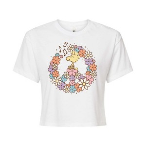 Women's - Peanuts - Floral Peace Sign Woodstock Cropped Graphic T-Shirt - 1 of 4