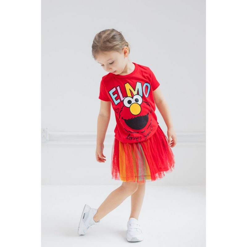 Sesame Street Elmo Abby Cadabby T-Shirt Tulle Skirt and Scrunchie 3 Piece Outfit Set Infant to Little Kid, 2 of 8