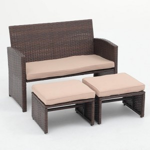 Sunsitt 3pc Wicker Outdoor Patio Loveseat with Ottoman Brown - 1 of 4