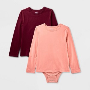 Kids' 2pk Adaptive Long Sleeve Bodysuit with Abdominal Access - Cat & Jack™ Burgundy/Coral Pink - 1 of 4