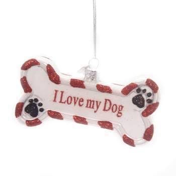 Noble Gems I Love My Dog Ornament  -  2.0 Inches -  Bone Paw Prints Puppy  -  Nb1091  -  Glass  -  Red