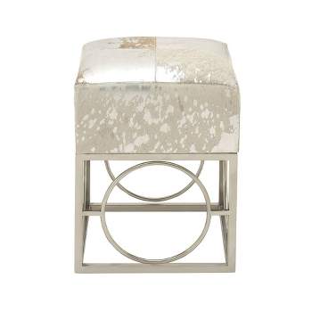 Contemporary Stainless Steel and Cowhide Leather Stool Ottoman Silver - Olivia & May