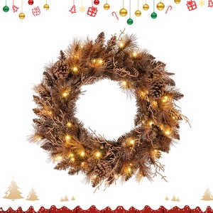 Tangkula 24” Artificial Pre-Lit Christmas Wreath w/105 Branch Tips 35 LED Lights Auto Timer Pine Needles 6 Pine Cones & Twigs Holiday Decoration Brown - 1 of 4