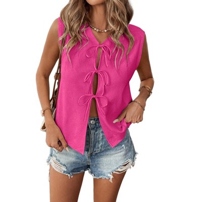 Womens Front Tie Sweater Vest Sleeveless V Neck Sweater Summer Tops with Tie Detail
