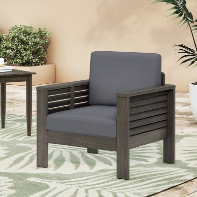 1 Piece Outdoor Acacia Wood Club Chair,Gray Fabric Upholstered Balcony Lounge Armrests Chair,Slats Backrest Patio Club Chair-Cuddlewood