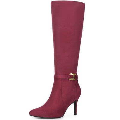 BLISSFUL STEP Women's Buckle Pointed Toe Side Zip Stiletto Heel Knee High Boots
